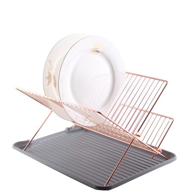 Wholesale high quality kitchen copper rose gold plated metal wire foldable dish drying rack with plastic tray